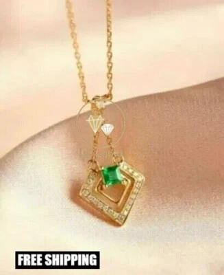 Colgante + cadena para mujer de oro amarillo de 14 quilates con esmeralda simulada princesa de más de 3,0 quilates 18"" Foto 1 de 4