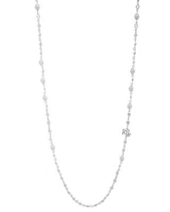 Lauren Ralph Lauren silvertone Pave faux Pearl logo charm 42" Necklace - Picture 1 of 2
