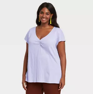 Women's Plus Size V-Neck Short Sleeve Ruched T-Shirt - Ava & Viv, Lavender, 2X - Picture 1 of 3