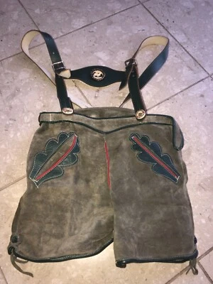 Shorts de couro infantil vintage com alças suspensórias cintura 24" - Imagem 1 de 4