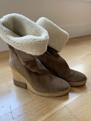 Tod's Zeppa Suede Tan Shearling Wedge Boots 40.5 40 1/2 US 9.5 - Image 1 of 4