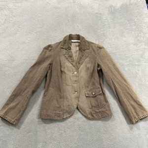Jeanology Denim Jacket Blazer Women 10 Beige Tan Beaded Y2K Vintage Boho 90s - Picture 1 of 8