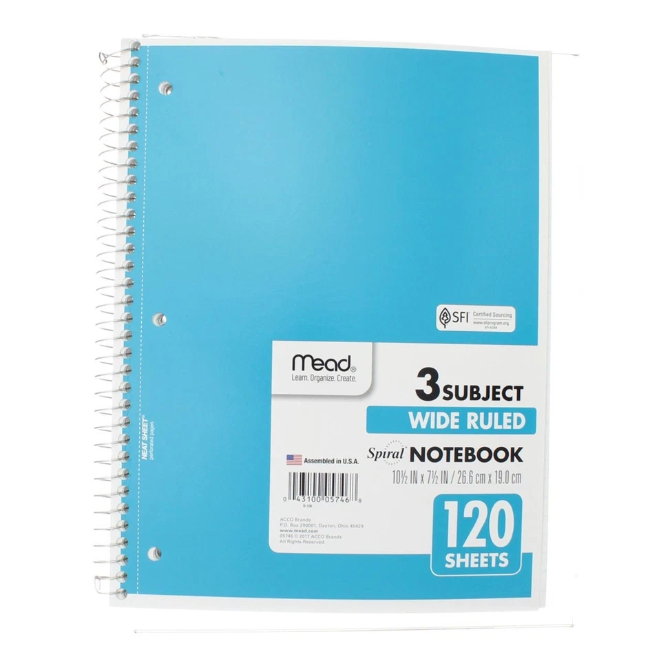 Cuaderno espiral Mead, regla ancha, 3 temas, 120 hojas Foto 1 de 1