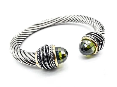 18kt Gold Plated Olive Green Peridot Crystal Twisting Cable Chunky Cuff Bracelet - Image 1 of 4