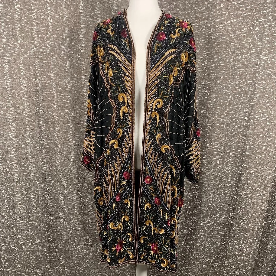 Chaqueta de Colección Judith Ann Creations Cuentas Lentejuelas Seda Kimono Años 80 Ópera Abrigo Plumero, S Foto 1 de 4