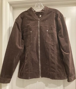 Nice Quacker Factory Rhinestone Zipper & Studded Corduroy Jacket Brown SZ XL - Picture 1 of 12