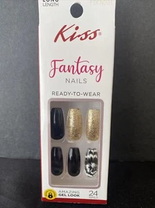 Kiss Fantasy Ready To Wear Gel Nails Long Black & Gold With Accent Nail 24 Pack - Picture 1 of 9