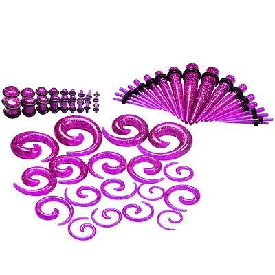 54pcs Ear Gauges Kit 14G-00G Glitter Spiral Taper Plugs Stretching Set 13 Colors - Image 1 of 4