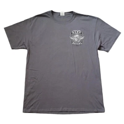 Camisa Reno Nevada Hombres L Gris Bicicleta Semana Doble Lado Gráfico Calavera Alas Logo 2016 Foto 1 de 4