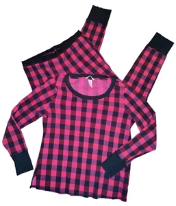 Victoria Secret Waffle Thermal Pink Black Buffalo Check Pajamas 2 Piece Set Sz M - Picture 1 of 12