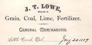 1889 LITTLE CREEK DELAWARE JT LOWE GRAIN COAL LIME FERTILIZER ANTIQUE BILLHEAD - Picture 1 of 3