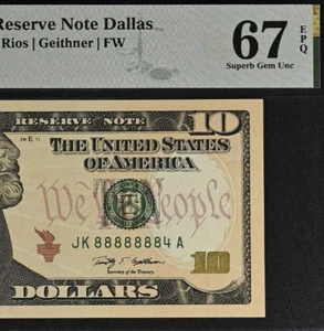 2009 $10 Federal Reserve Note PMG Gem 67EPQ - Near Solid Serial Number 88888884 - Picture 1 of 3
