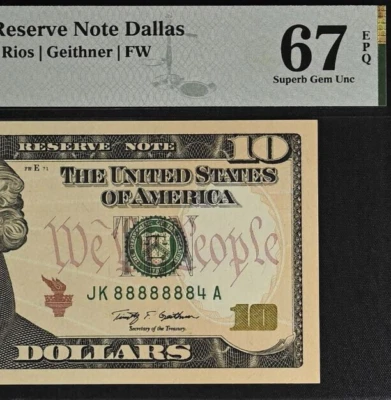 2009 $10 Federal Reserve Note PMG Gem 67EPQ - Near Solid Serial Number 88888884 - Image 1 of 3