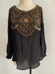 Haute Hippie Black/Gold Embellished Keyhole  Silk Blouse  $395  Size  L