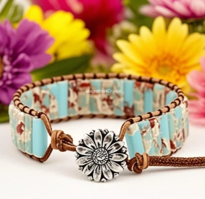 Vintage Sea Sediment Jasper Gemstone Bracelet Women Jewelry Energy Reiki Gift - Image 1 of 4