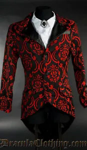 Dracula Clothing Red Brocade Victorian Steampunk Goth Fishtail Tailcoat 1-13 - Picture 1 of 4