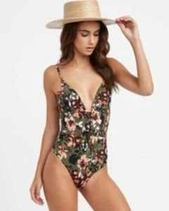RVCA 268371 Women's Olive Floral Adjustable Straps One Piece Swimsuit Size M - Picture 1 of 3