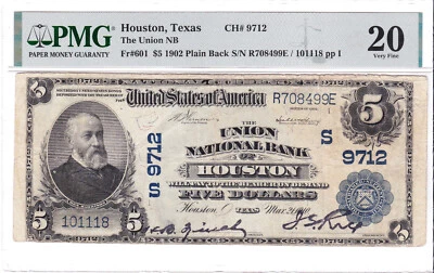 $5 1902 PB National 🇺🇸 HOUSTON Texas TX 🇺🇸 PMG Grade 20 🇺🇸 - Image 1 of 2