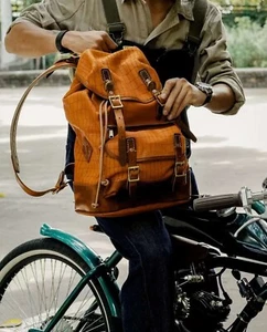 Military Style Cowhide Leather Backpack, Leather Travel Bag,  Men Backpack Sack - Picture 1 of 7