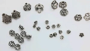 30 ASSORTED PIECES STERLING SILVER BALI BEAD CAPS VARIOUS SIZES & STYLES NEW - Picture 1 of 3