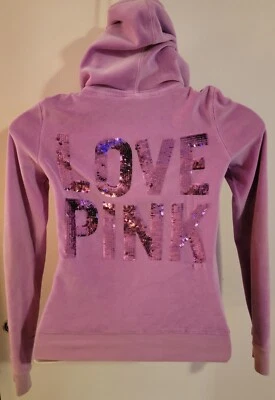 PINK VS Bling Vintage Terciopelo Cremallera Completa Lentejuelas Spellout Sudadera con Capucha Foto 1 de 4