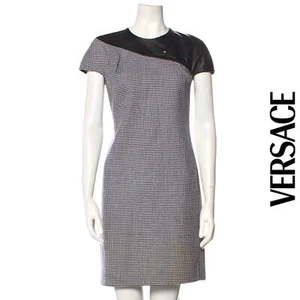 Versace Wool Leather Silk Houndstooth Dress Navy Blue Women's Size 40 / US XS - Picture 1 of 21
