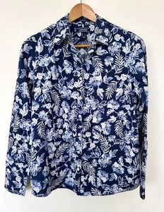 LANDS END Womens Long Sleeve Button up Floral Dress Shirt No Iron Blue Size 10 - Picture 1 of 9