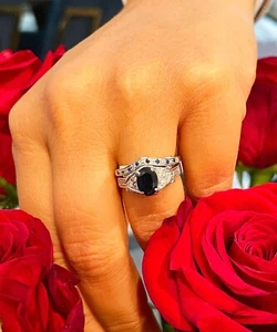 14k white gold oval blue sapphire and diamonds engagement ring and band 2.65ctw - Picture 1 of 12