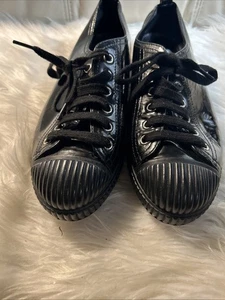 Prada Sneakers Womens Sz 7 Shiny! Patent Leather Lace Up Black 37.5 - Picture 1 of 18