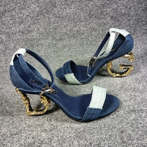 Dolce & Gabbana Shoes Womens Size 39 Blue Denim Gold Barocco Heel Sandal - Picture 1 of 16