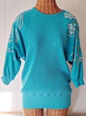 Vintage 80s Dolman 3/4 Sleeve Beaded Embroidered Shirt Granny Med Priscilla  - Image 1 of 4