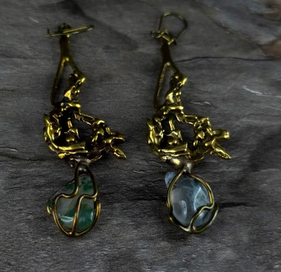 Ohrringe Messing Moosachat Modernist Brutalist Designer - umwerfend & auffällig - Bild 1 von 4