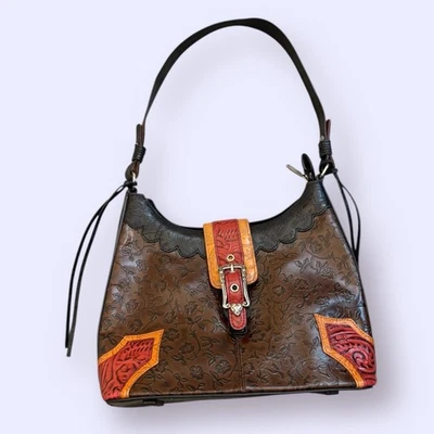 Bolso de Hombro Cartera Vintage Años 90 MC Marc Chantal Marrón Rojo Floral Cuero Repujado Foto 1 de 4