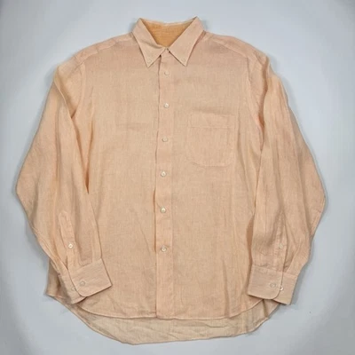 Винтажная рубашка Brioni V XXL льняная мужская оранжевая белая длинная в полоску сделано в Италии - Изображение 1 из 4