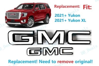 Juego de 2 emblemas GMC delanteros traseros brillantes negros blancos aptos para 2021-2024 Yukon Yukon XL Foto 1 de 4