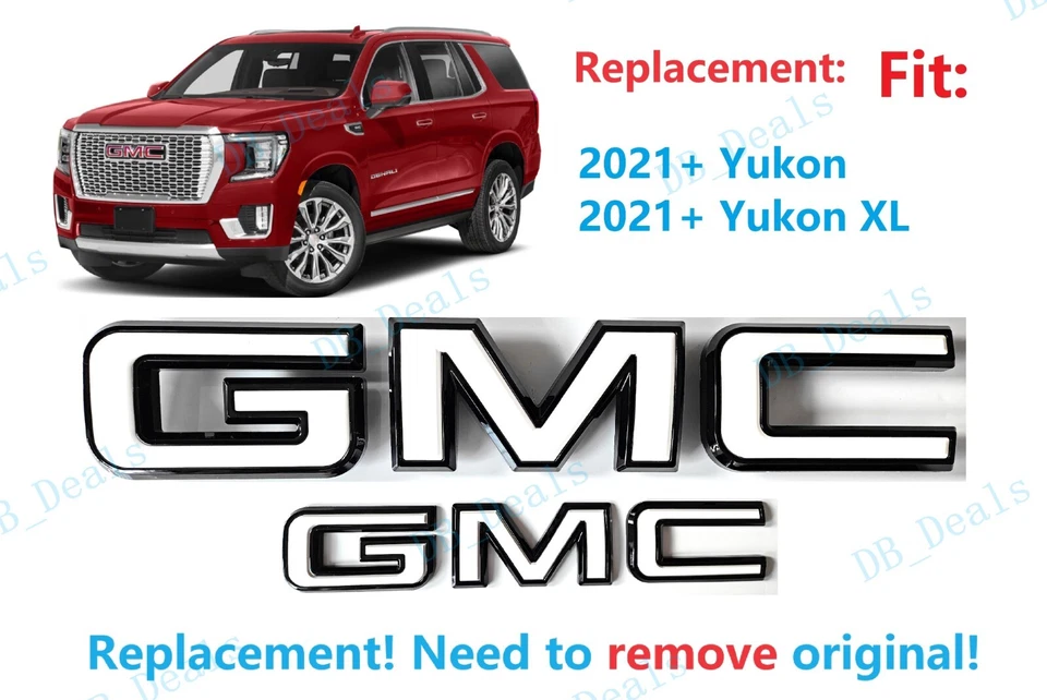 Juego de 2 emblemas GMC delanteros traseros brillantes negros blancos aptos para 2021-2024 Yukon Yukon XL Foto 1 de 4