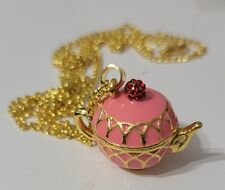 Victorian Trading Pink Bejeweled Lid Locket Teapot Gold Necklace 29Q