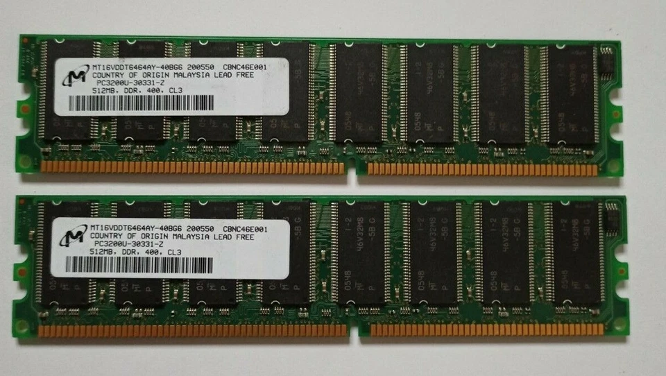 KIT 2x512 MB MICRON MT16VDDT6464AY-40BG6 DDR 400MHz 512 MB  RAM PC3200U 184 PIN - Immagine 1 di 1