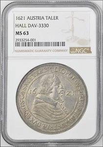 1621 Austria Hall 1 Taler Tyrol Archduke Leopold Coin NGC MS63 UNC DAV-3330 - Picture 1 of 2