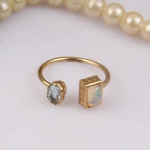 Blue Topaz And Opal Gemstone Ring With 18K Gold Plated Double Stone Ring Jewelry - Picture 1 of 5