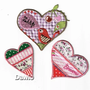Herzen 3-er Set (8,5/8/7,5 cm) Applikation Patch zum Aufbügeln rosa/rot/grün - Bild 1 von 1