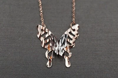 Collar colgante mariposa brillante corte diamante 15 mm oro rosa macizo 14K. 17" + 1" Foto 1 de 4