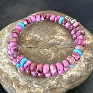 Purple Stone Turquoise 6mm Wire Bead Bracelet Navajo Stainless Steel 17613 - Picture 1 of 16