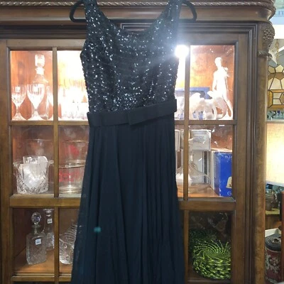 VINTAGE 1950’s 60’s LEE CLAIRE New York Black Chiffon Satin Sequin Dress - Image 1 of 4