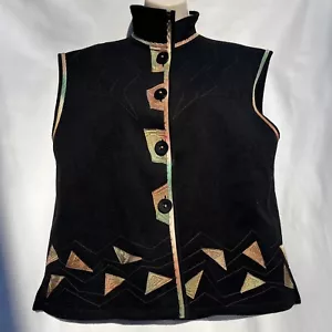 VTG Joyce Fogle Black Felted Wool Vest Dyed Silk Cut Outs Handmade Custom Sz S - Picture 1 of 10
