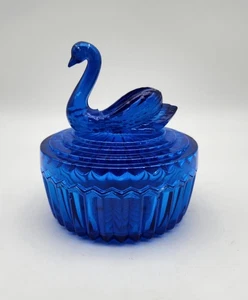 Vintage Jeannette Glass Cobalt Blue Swan Powder Box with lipstick holder. - Picture 1 of 5
