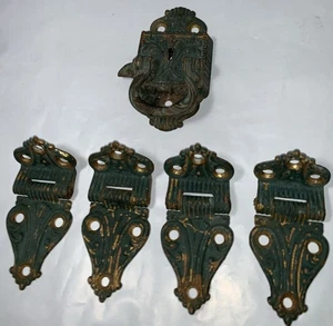 Antique Brass Victorian Style Ornate Brass Icebox Hinges & Lock Eastlake Style - Picture 1 of 9