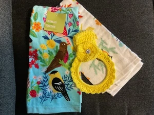 Colorful Bird kitchen/ dish towels with crochet ring holder (3 pc set) - Picture 1 of 2