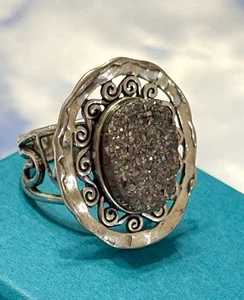 ISRAEL Or Paz PZ Sterling Silver Druzy Quartz Sun Filigree Hammered 925 Ring 7 - Picture 1 of 2