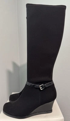 Ralph Lauren Tula Black Wedge Boots Womens Size 8.5B Black Stretch Fabric NEW - Image 1 of 4